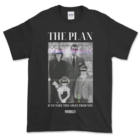 Black Nuclear Family Tshirt with "The Plan is to Take This Away From You" text, retro family photo, Conservative Tradition statement