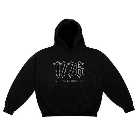 Black 1776 American Patriotic Hoodie with "Faith, Family, Freedom" Text