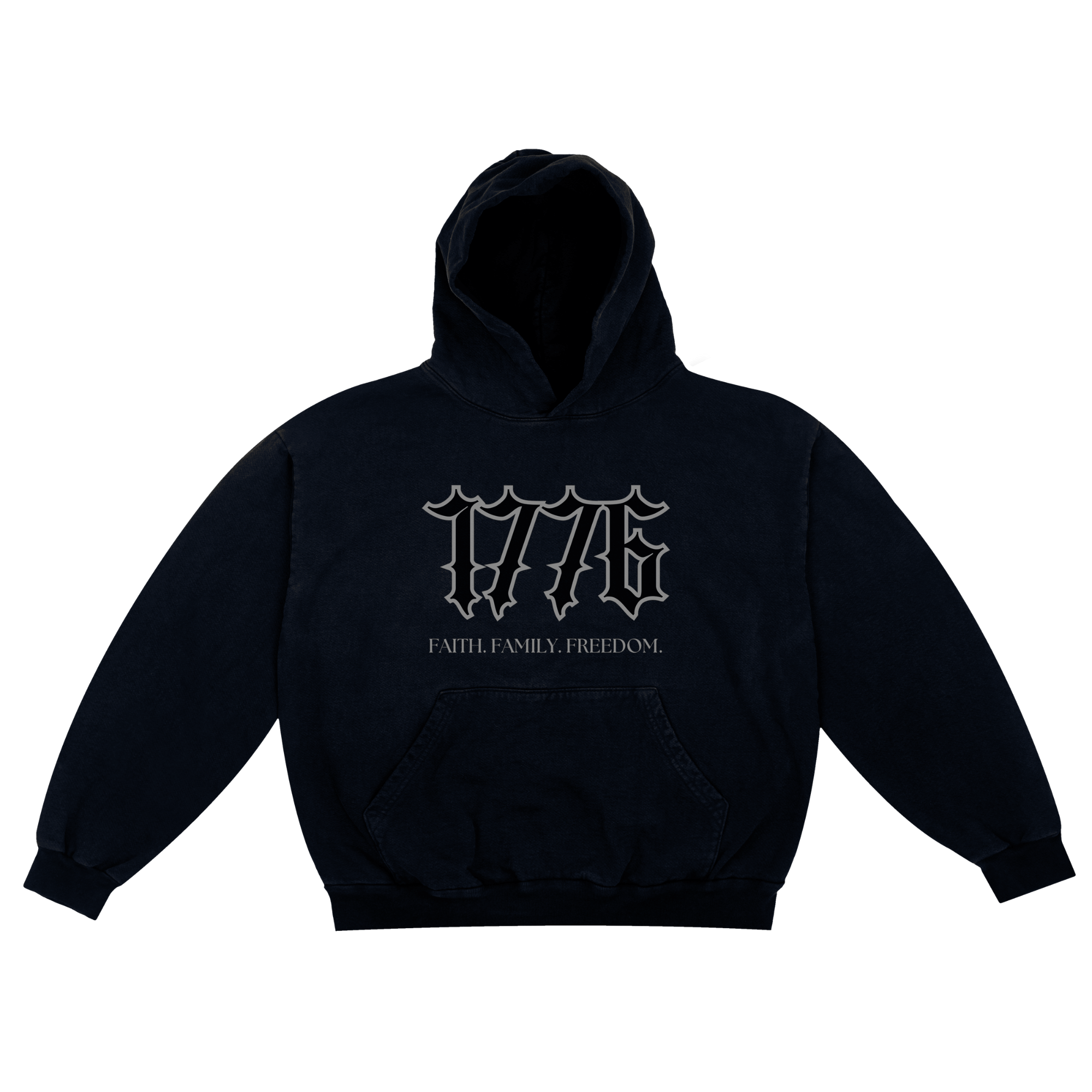 Black 1776 American Patriotic Hoodie with Faith Family Freedom slogan