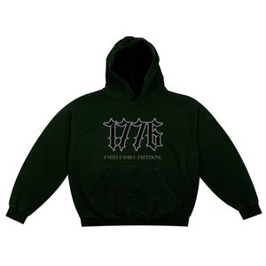 1776 American patriotic hoodie with 'Faith. Family. Freedom.' slogan in black color